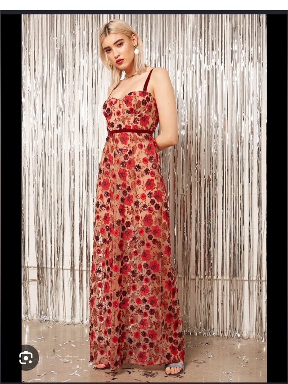 For Love And Lemons Beatrice Red and Blush Floral Maxi Dress